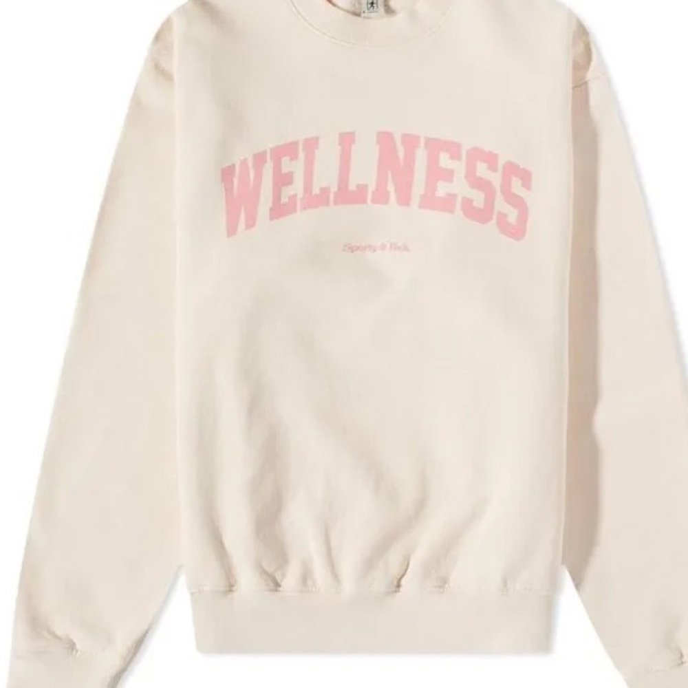 Sporty & Rich “Wellness” Cream Sweatshirt with Pink Lettering Size Small